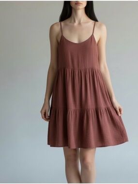 Carly Jean Los Angeles Mauve-Brown Spaghetti Strap Tiered Mini Dress